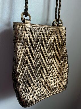 Vintage Gold Braided Leather Bucket Bag Purse Handbag Woven Crossbody L.J.S.